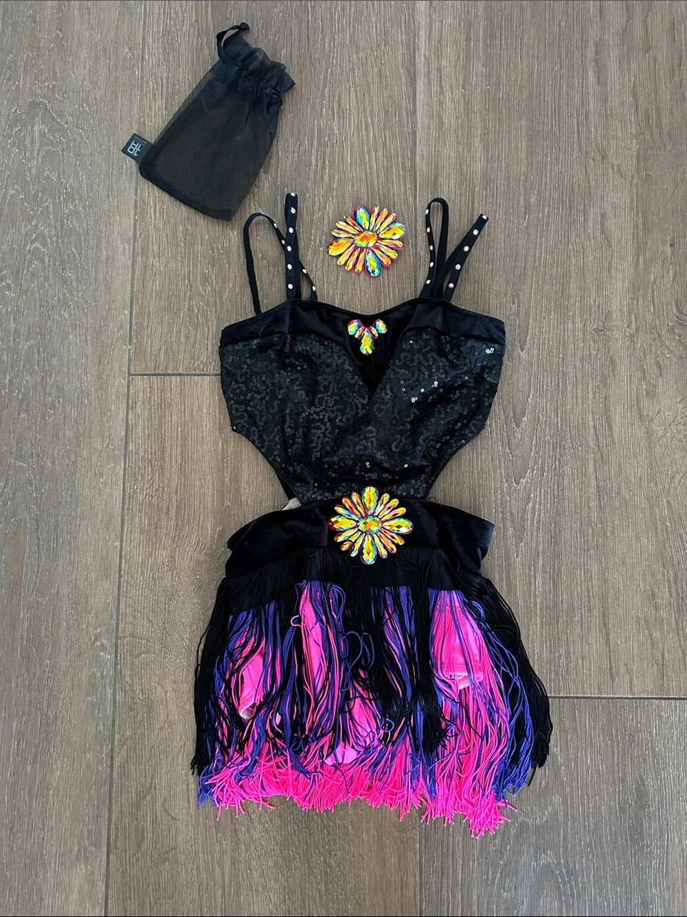Black Sequin Dance Costume with Pink & Purple Fringe - Kids